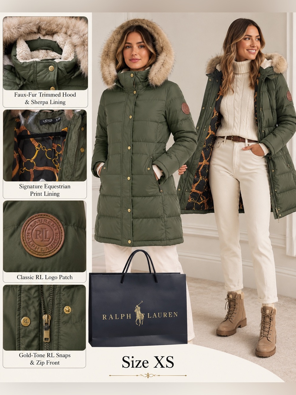 Ralph Lauren Olive Green Faux-Fur Trim Puffer Coat